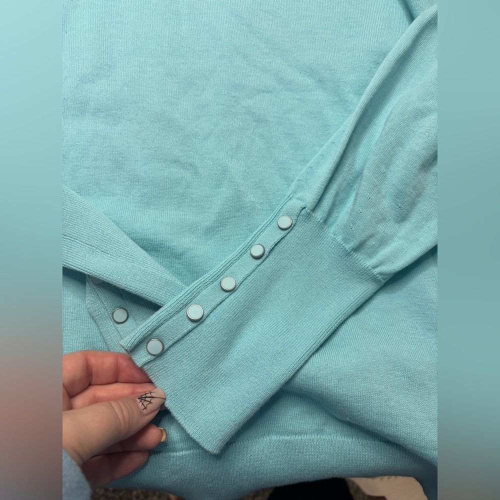 Talbots Size Medium Aqua Button Cuff Sweater Crew… - image 5